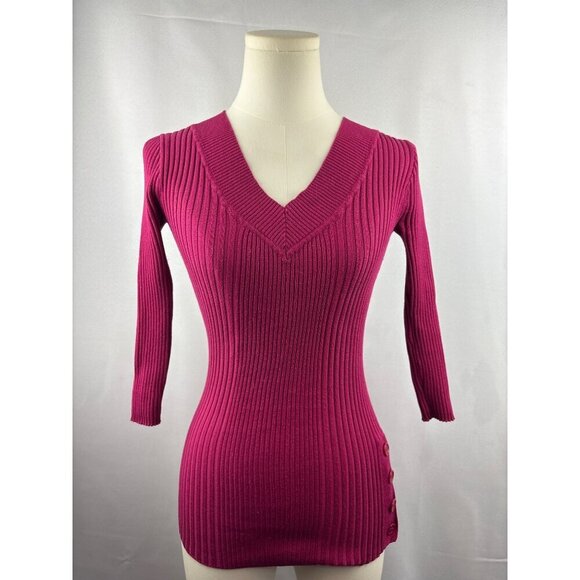 Ribbed Magenta V-Neck Sweater Size S Its Our Time Rayon & Polyester - Picture 1 of 6